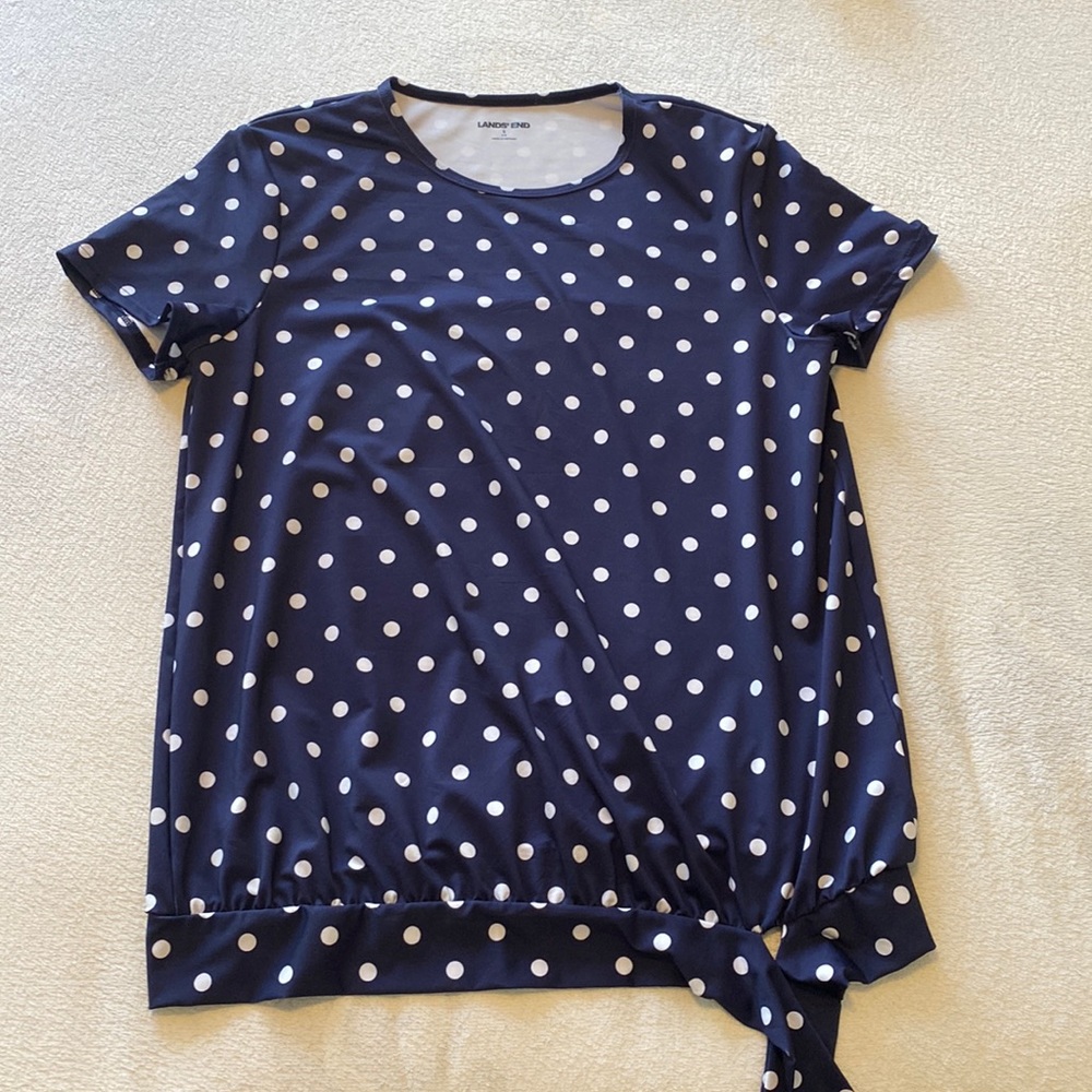 Lands End, small (6-8), blouse with band at bottom and tie.  Navy and white.